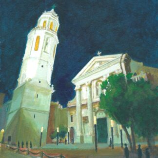 REPRODUCCIÓN 20x20cm "VILANOVA: CAMPANAR I ESGLÉSIA DE SANT ANTONI NOCTURNA"