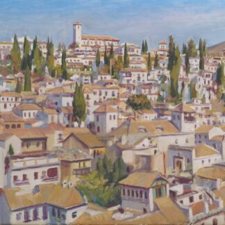 GRANADA EL ALBAYZIN DESDE EL MIRADOR DE LA CHURRA. Óleo sobre tela de lino belga en bastidor pintado in situ en dos sesiones y terminado en estudio por Julen W