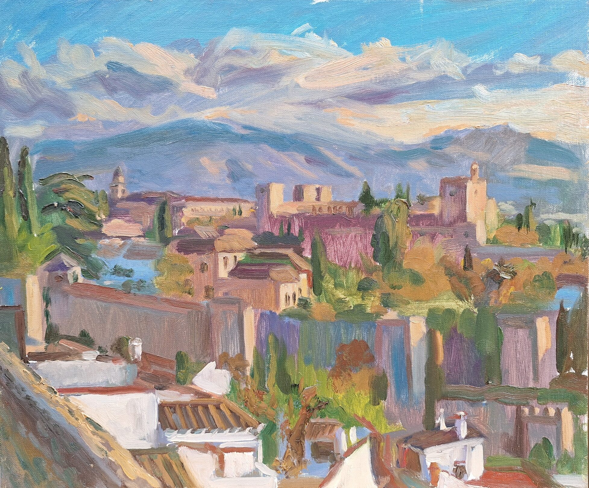 GRANADA DESDE MIRADOR SAN CRISTOBAL. Óleo sobre tela de algodón entablillada pintado in situ en sesión única por Julen W