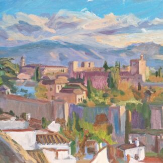 GRANADA DESDE MIRADOR SAN CRISTOBAL. Óleo sobre tela de algodón entablillada pintado in situ en sesión única por Julen W