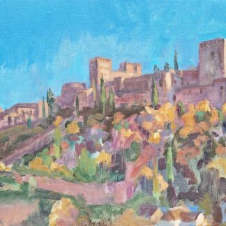 GRANADA ALHAMBRA DESDE PLACETA CARVAJALES I. Óleo sobre tela de lino belga en bastidor pintado in situ y en sesión única por Julen W