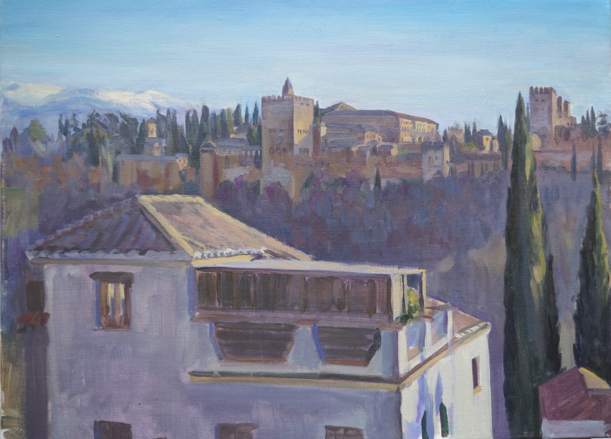 GRANADA LA ALHAMBRA DESDE DEBAJO DE SNA NICOLÁS I. Óleo sobre tela de lino belga en bastidor pintado in situ en doble sesión por Julen W